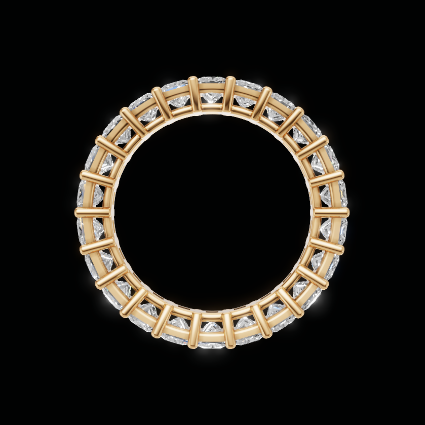 A gold eternity ring featuring a continuous row of clear gemstones in a geometric setting, presented on a solid black background.