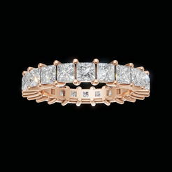 A rose gold eternity ring featuring a row of princess-cut diamonds, presented on a solid black background.