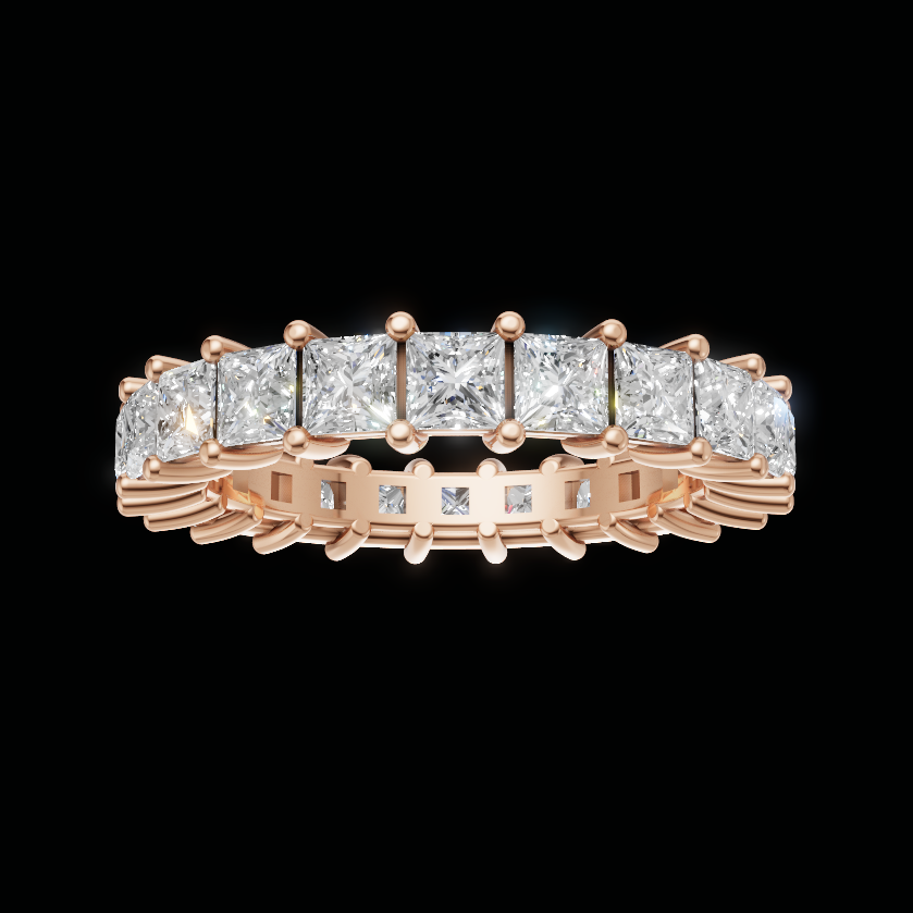 A rose gold eternity ring featuring a row of princess-cut diamonds, presented on a solid black background.