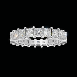 A diamond eternity ring featuring a row of princess-cut and round diamonds set in a silver-colored band, shown against a solid black background.