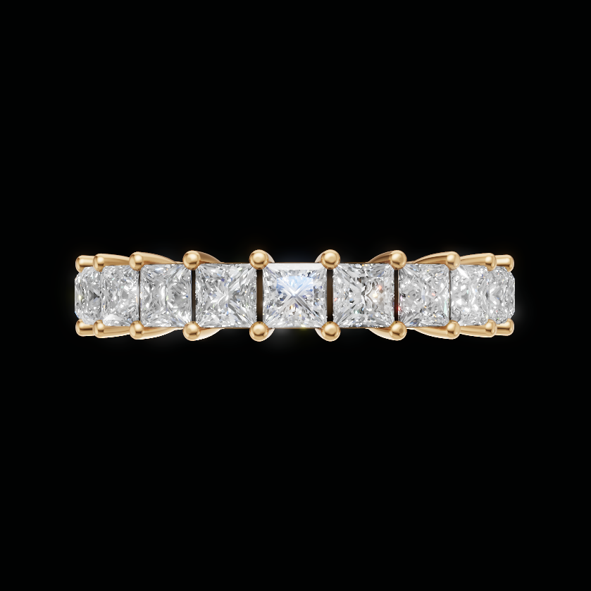 A yellow gold eternity ring featuring a row of princess-cut diamonds set in a five-stone band, shown against a solid black background.