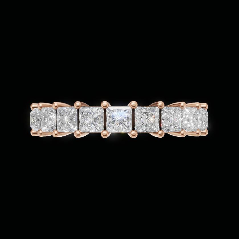 A rose gold eternity ring featuring a row of princess-cut diamonds set in a five-prong band, shown against a solid black background.