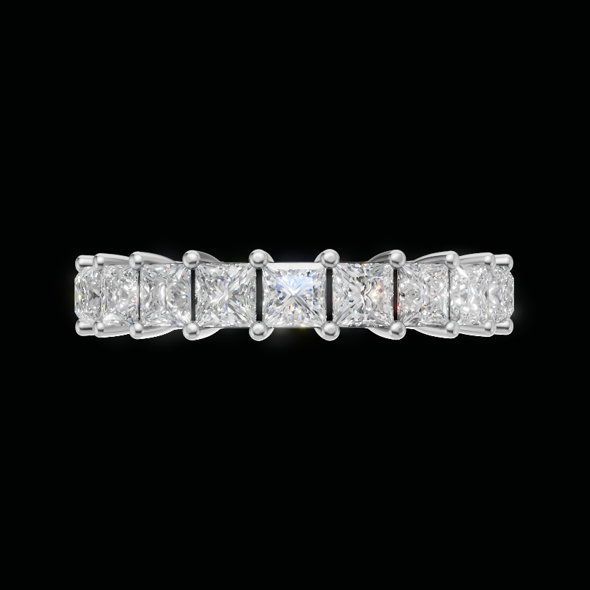 A diamond eternity ring featuring a row of princess-cut diamonds set in a silver-colored band, centered against a solid black background.