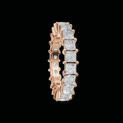A yellow gold eternity ring featuring a continuous row of round brilliant-cut diamonds on a solid black background.