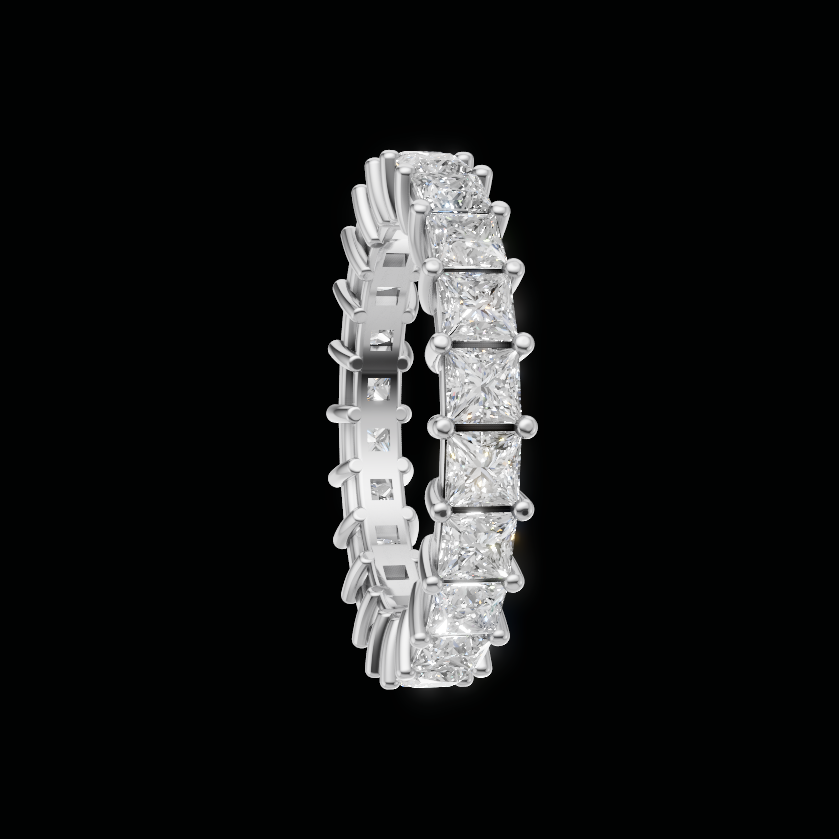 A silver tennis ring featuring a continuous row of princess-cut diamonds, shown on a solid black background.
