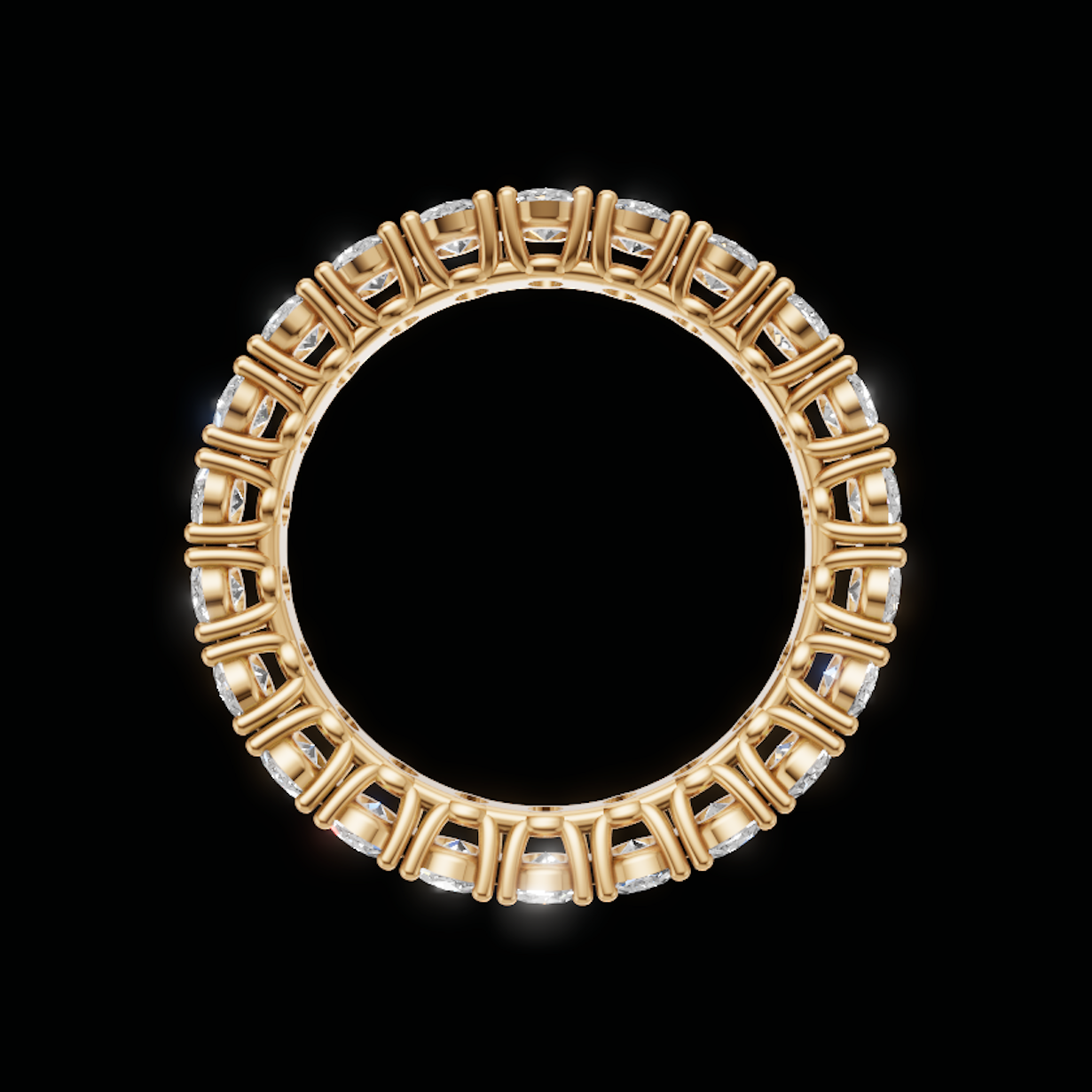A gold circular ring featuring a geometric pattern of small clear gemstones, presented on a solid black background.