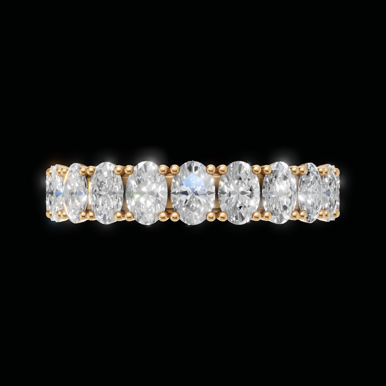 A yellow gold eternity ring featuring a row of marquise-cut clear diamonds set in a five-stone pattern, shown against a solid black background.